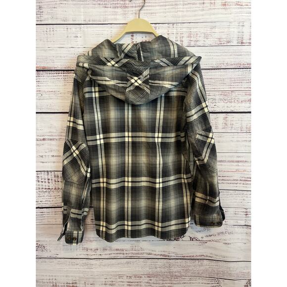 Carhartt women’s hooded flannel button up shirt, gray, and white size small 4/6 - Picture 5 of 13